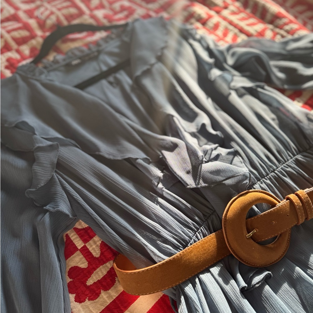 Zara Blue Midi Dress with Brown Belt